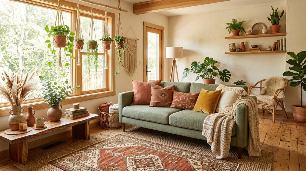 bohemian living room with sage 202605210941