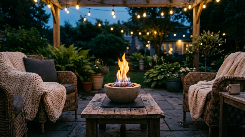 Tabletop fire bowl as a focal point for outdoor living space ideas on a budget.