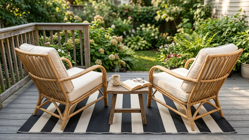 Striped outdoor rug grounding budget outdoor living space ideas on a budget.