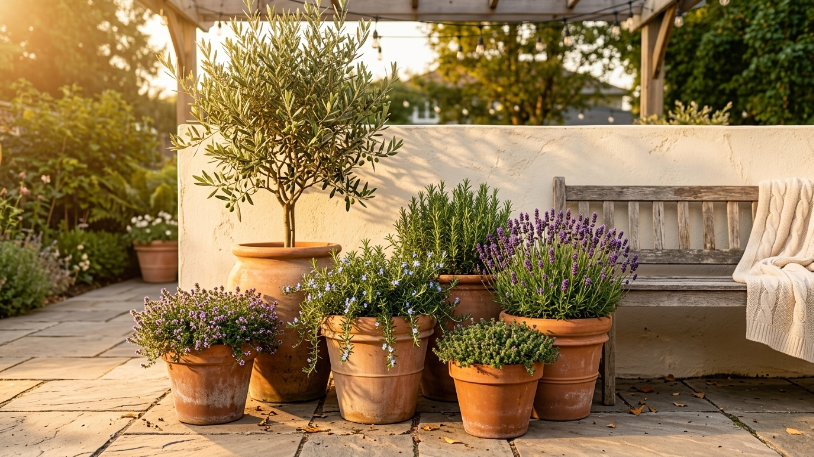 Grouped terracotta pots as outdoor living space ideas on a budget.