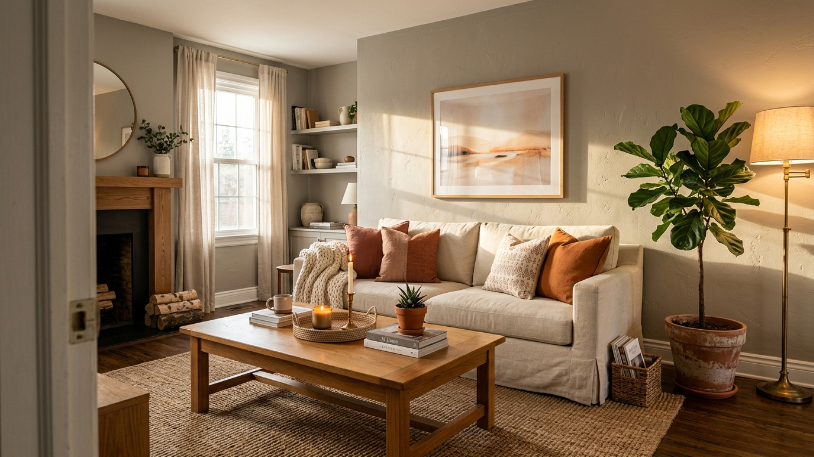 Grey living room sofa styled with layered textures including boucle cushion, velvet pillow, and chunky knit throw