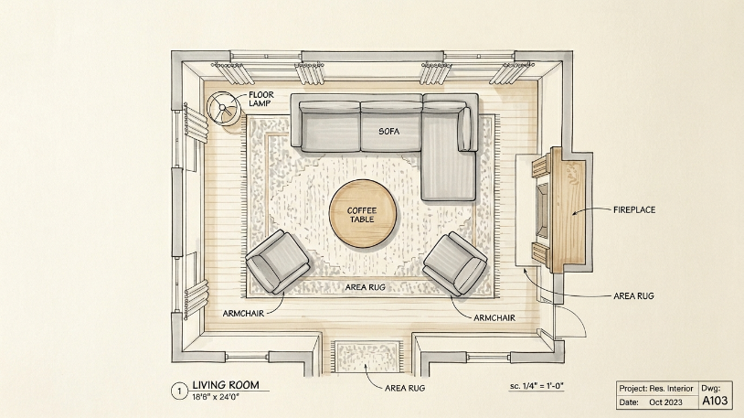 Overhead floor plan of a grey living room layout showing floating sofa arrangement and area rug placement