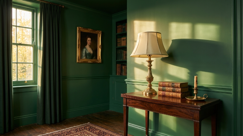 Dark Academia Living Room Ideas featuring a deep green color-drenched wall and brass lamp.