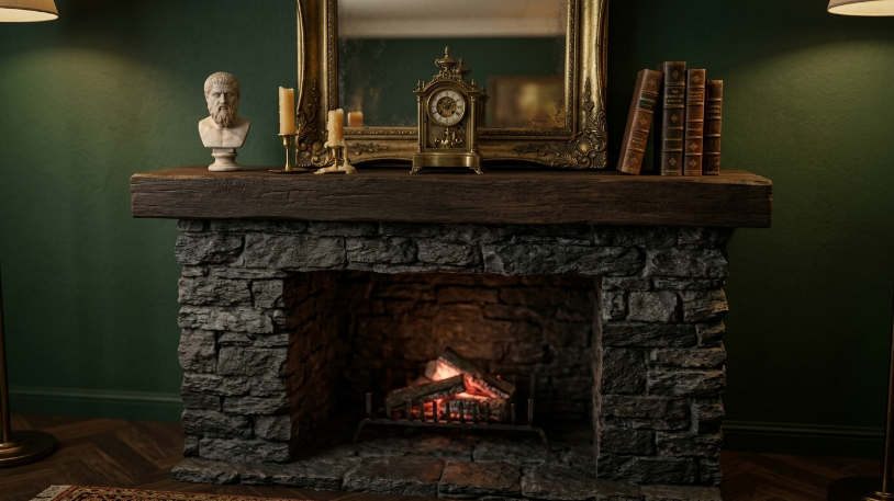 Stone fireplace with brass clock and candles in Dark Academia Living Room Ideas.
