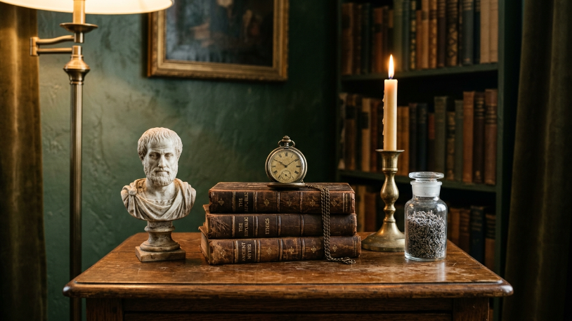 Curated side table styling for moody Dark Academia Living Room Ideas.