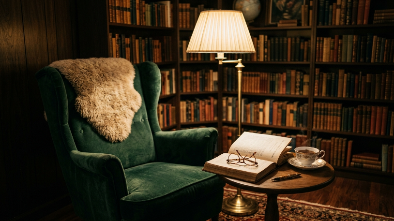 Cozy corner reading nook in Dark Academia Living Room Ideas with brass floor lamp.