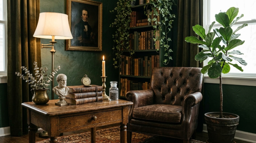 Moody plants in terracotta pots complete these Dark Academia Living Room Ideas.