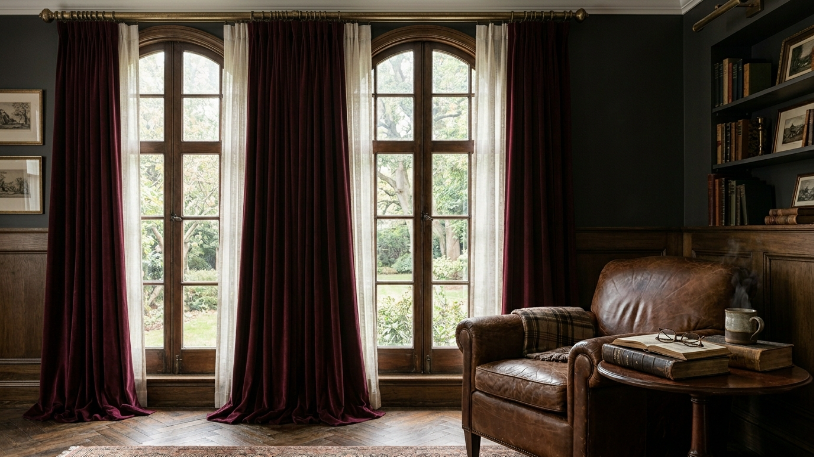 Heavy velvet drapes frame the windows in these Dark Academia Living Room Ideas.