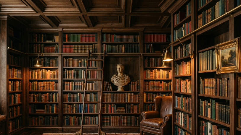Floor-to-ceiling bookshelves bring Dark Academia Living Room Ideas to life.