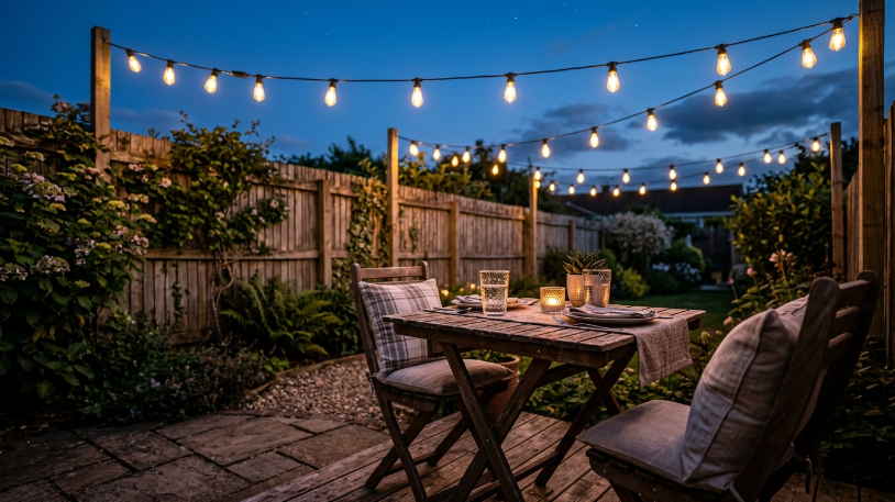 Layered string lights at dusk for outdoor living space ideas on a budget.