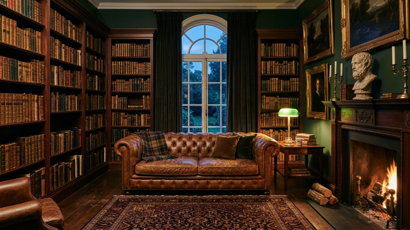 Cozy Dark Academia Living Room Ideas with green walls, leather sofa, and tall bookshelves.