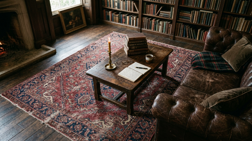 Layered Persian rug under leather sofa in Dark Academia Living Room Ideas.