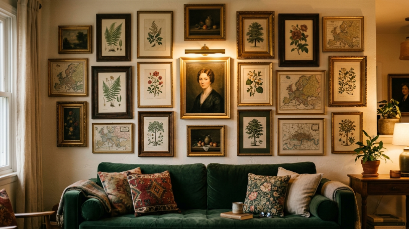 Vintage gallery wall as classic wall art for living room in Dark Academia Living Room Ideas.