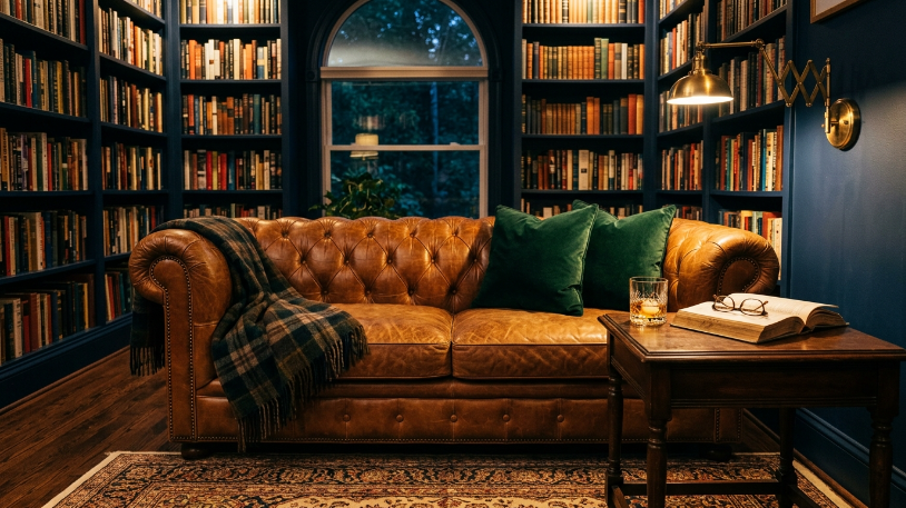 Cognac Chesterfield sofa as the centerpiece of Dark Academia Living Room Ideas.