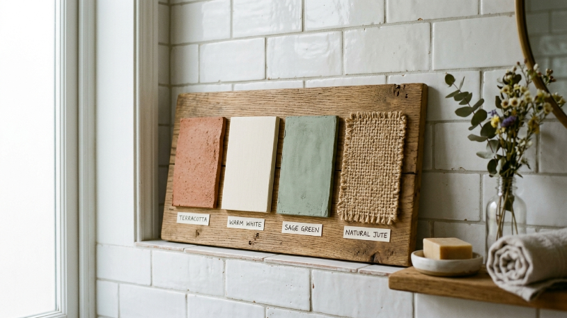 Earthy boho bathroom color palette swatches used to style boho bathroom walls and accents