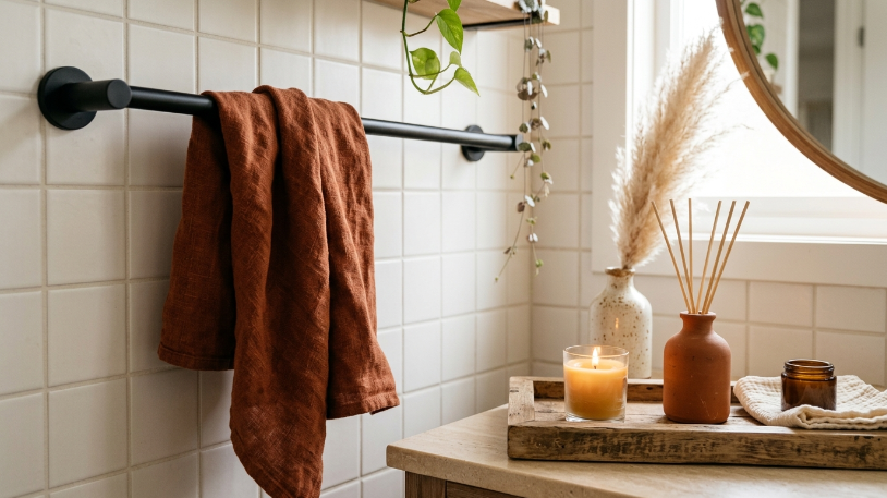 Boho bathroom finishing details with linen towels and beeswax candle showing how to style boho bathroom final layer