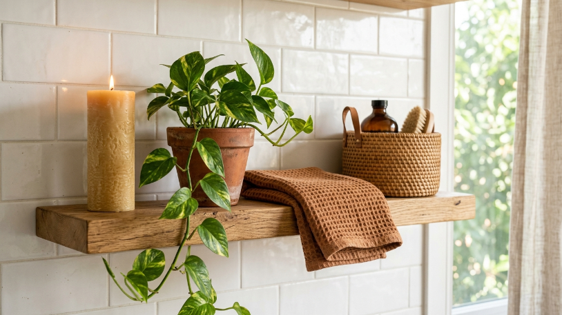 Boho bathroom open shelf styled with candle, plant, and linen towel showing how to style boho bathroom shelves and surfaces