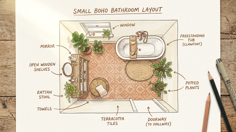 Boho bathroom floor plan layout guide showing anchor piece placement to style boho bathroom step by step