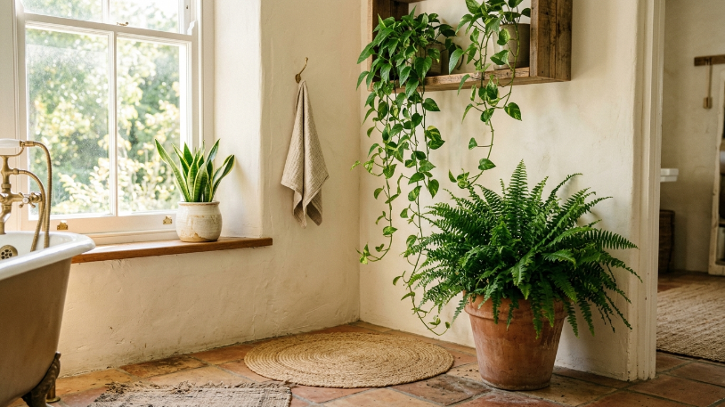 Lush plants in a boho bathroom showing how to style boho bathroom with greenery in terracotta pots and trailing vines