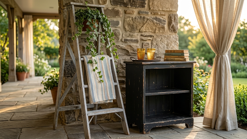 Repurposed indoor pieces used in outdoor living space ideas on a budget.