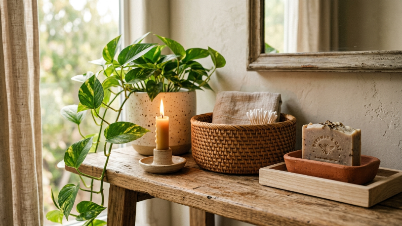 Boho bathroom vanity layered with natural textures showing how to style boho bathroom surfaces with rattan and terracotta
