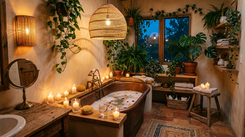 Boho bathroom with layered warm rattan lighting and candles used to style boho bathroom at dusk