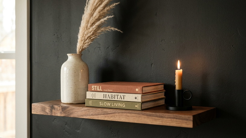 How to Style a Charcoal and Warm Wood Living Room Styled floating walnut shelf with cream vase and books against a charcoal wall in a warm wood living room.