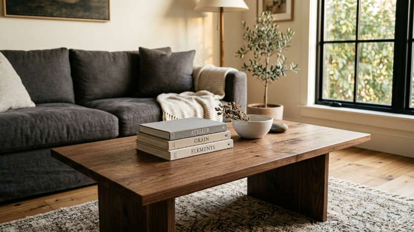 How to Style a Charcoal and Warm Wood Living Room Walnut coffee table in a charcoal and warm wood living room with afternoon light highlighting wood grain texture.