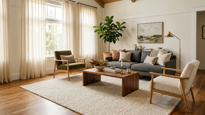 How to Style a Charcoal and Warm Wood Living Room Cream wool rug anchoring a charcoal and warm wood living room with walnut coffee table and oak hardwood floors.