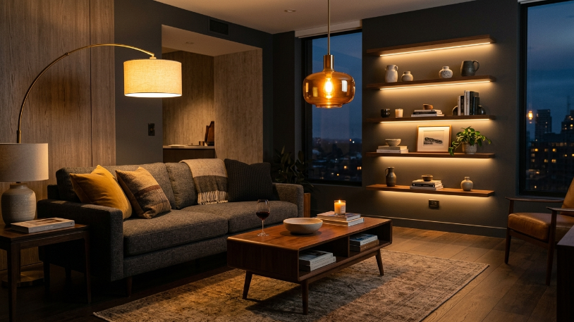 How to Style a Charcoal and Warm Wood Living Room Layered warm lighting in a charcoal and warm wood living room with brass floor lamp and amber pendant fixture.