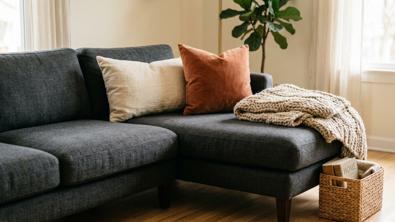 How to Style a Charcoal and Warm Wood Living Room Textured pillow and throw styling on a charcoal sofa in a charcoal and warm wood living room.