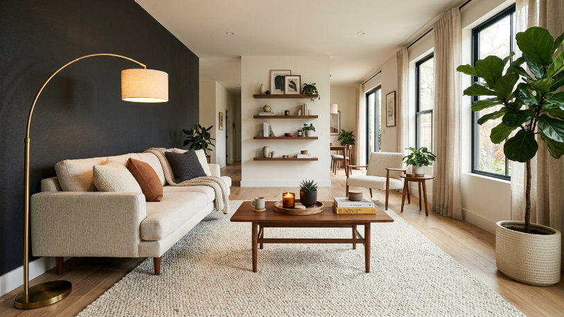 How to Style a Charcoal and Warm Wood Living Room Finished charcoal and warm wood living room with walnut furniture, fiddle-leaf fig plant, and warm brass accents.