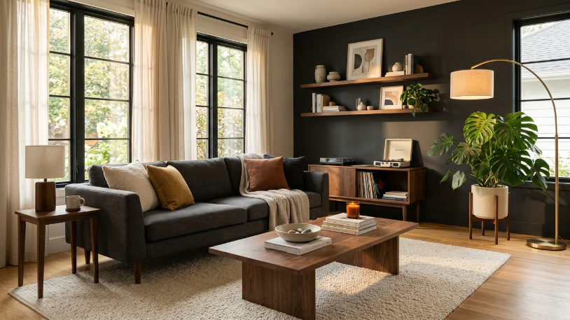 How to Style a Charcoal and Warm Wood Living Room image