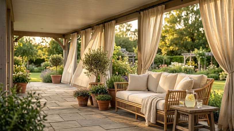 Flowing outdoor curtains framing outdoor living space ideas on a budget.