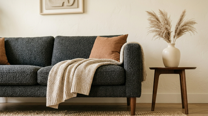 How to Style a Charcoal and Warm Wood Living Room Charcoal bouclé sofa with walnut legs styled in a charcoal and warm wood living room setting.