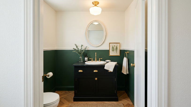 Powder room idea with two-tone walls in forest green and white, black vanity, and brass hardware