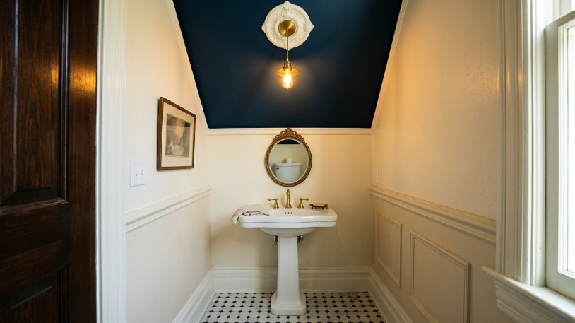 Powder room idea with deep blue painted ceiling, ornate white medallion, and brass pendant light