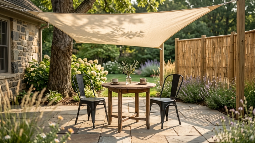 Sail shade as a pergola swap in outdoor living space ideas on a budget.