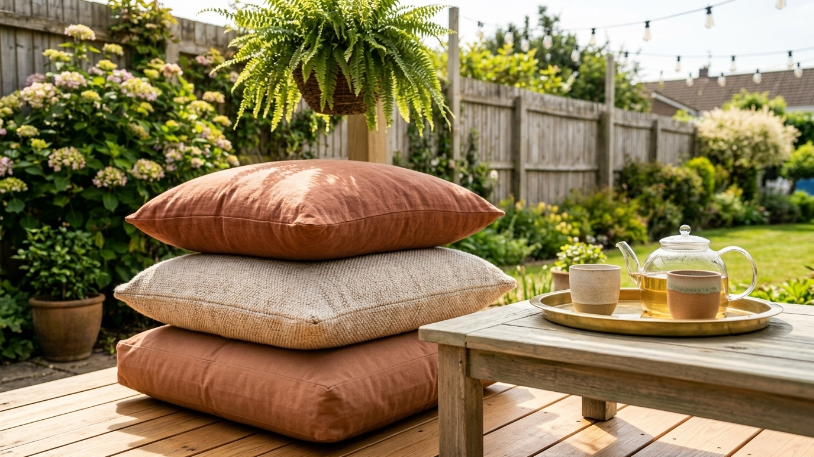 Floor cushion lounge corner showing outdoor living space ideas on a budget.