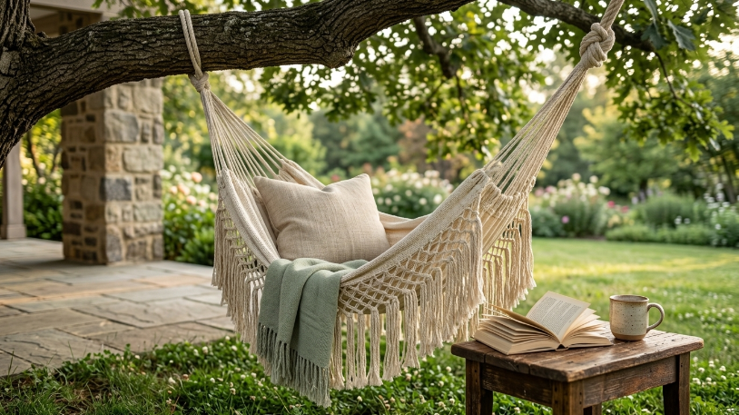 Hammock chair as one of the cozier outdoor living space ideas on a budget.