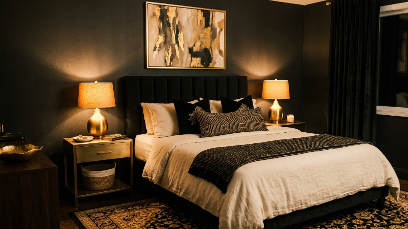 Brushed gold bedside lamps and matte black headboard in a styled black and gold room bedroom at night