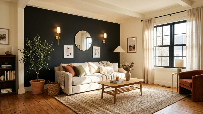 Deep charcoal accent wall with brushed gold sconces in a black and gold room styled with warm cream walls