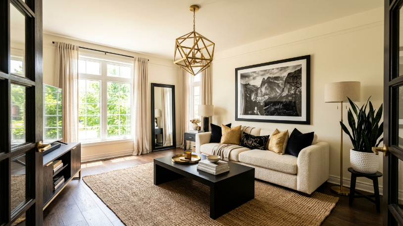 Complete styled black and gold room with cream walls, boucle sofa, gold pendant light, and jute rug