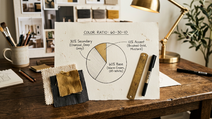 Color ratio planning chart for styling a black and gold room showing 60-30-10 proportions