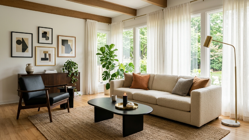 Cream boucle sofa and matte black coffee table as anchor furniture in a styled black and gold room
