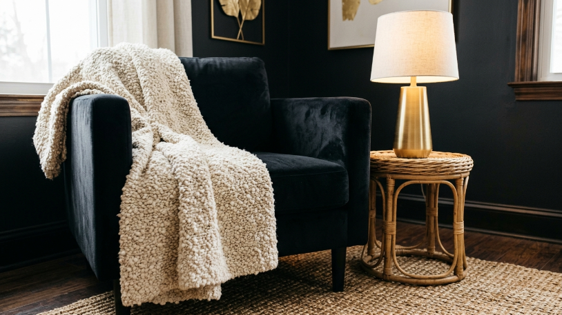 Textured layers of boucle, velvet, rattan, and jute in a styled black and gold room corner