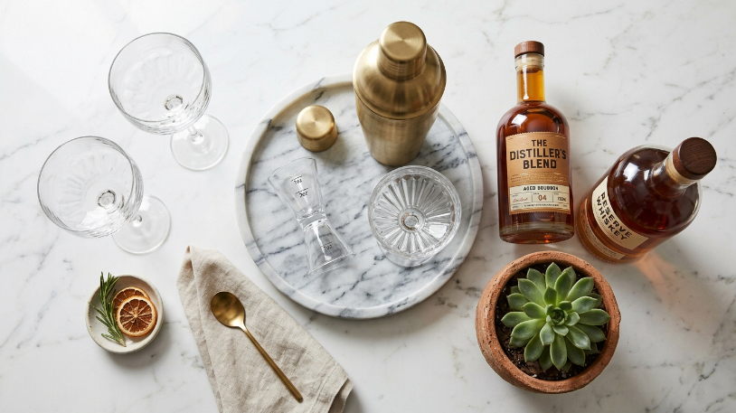 Flat-lay of home bar styling essentials including glassware, tools, and botanicals used to style a home bar from scratch.