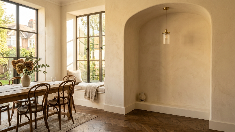 Empty dining room corner with a defined wall zone showing how to begin styling a home bar space from scratch.