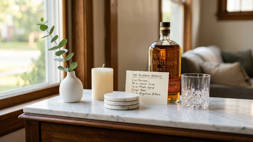 Finishing touches on a styled home bar sideboard with candles, botanicals, and coasters showing how to style a home bar with a personal layered look.
