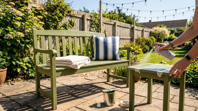 Painted olive bench refresh as an outdoor living space ideas on a budget trick.